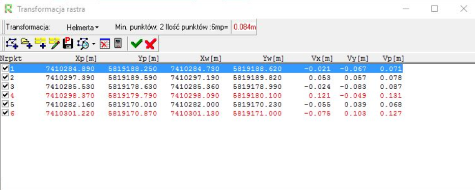 Widok okna 'Transformacja rastra' z wczytanymi wieloma plikami