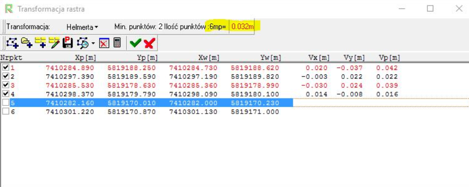 Widok okna 'Transformacja rastra' z wczytanymi wieloma plikami
