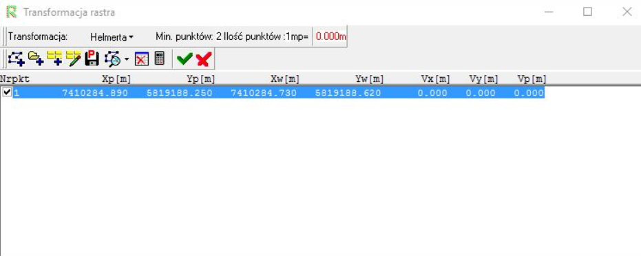 Widok okna 'Transformacja rastra' z wczytanym i zaznaczonym plikiem