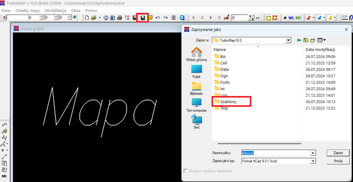 Widok okna zapisywania