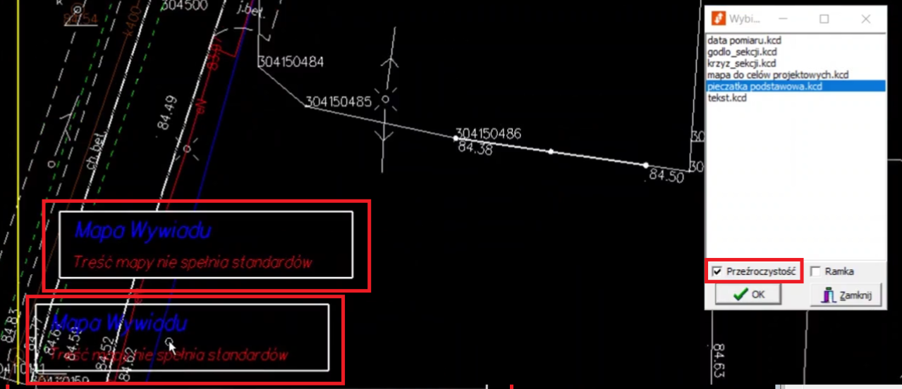 Widok wprowadzonych pieczątek na mapie w trybie przeźroczystości i bez