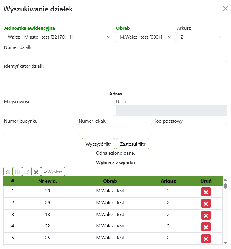 Widok okna wyszukiwania działek