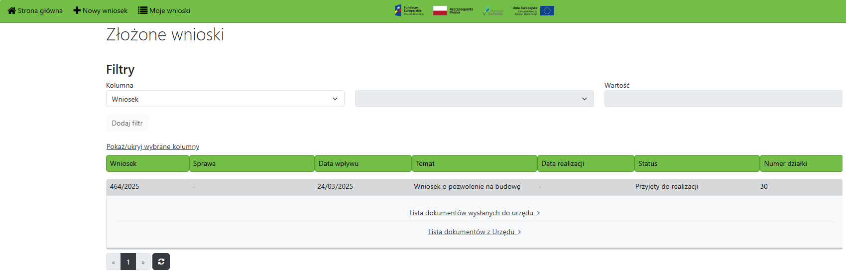 Widok listy z wnioskami