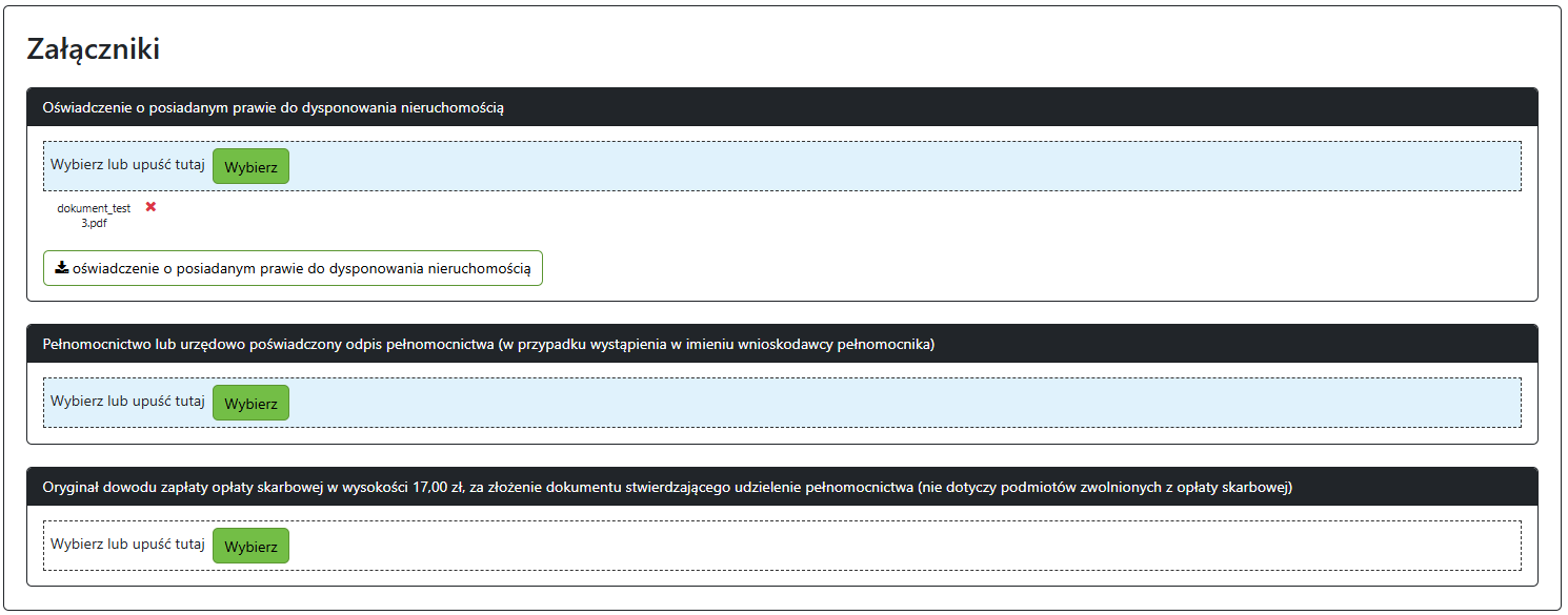 Widok części wniosku z załącznikami
