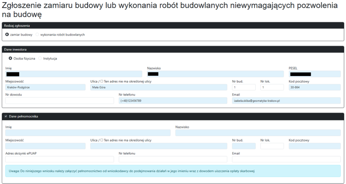 Widok części wniosku