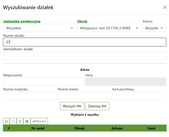 Widok okna wyszukiwania działek