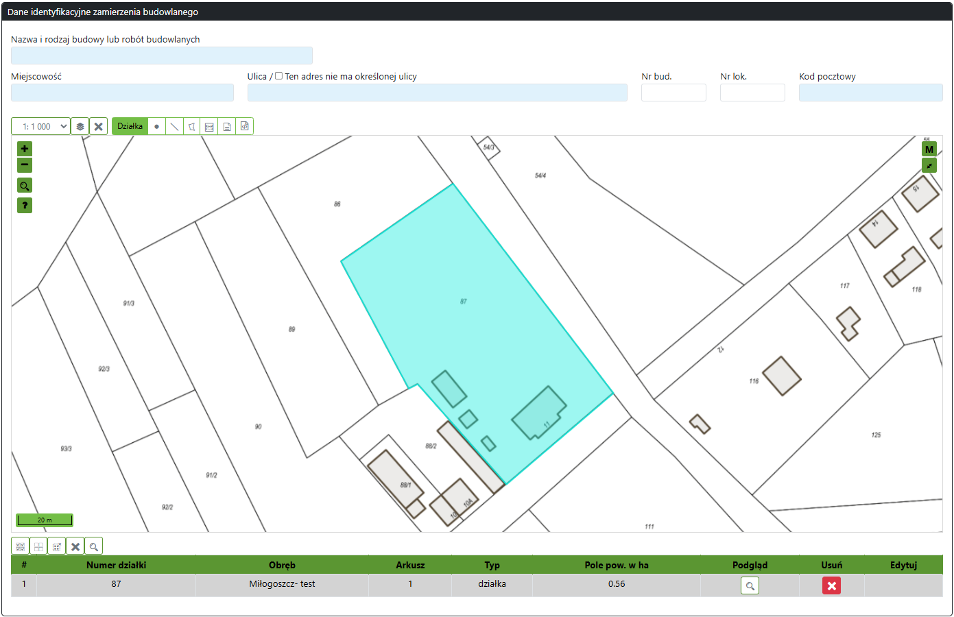Widok okna z mapą i wybraną działką