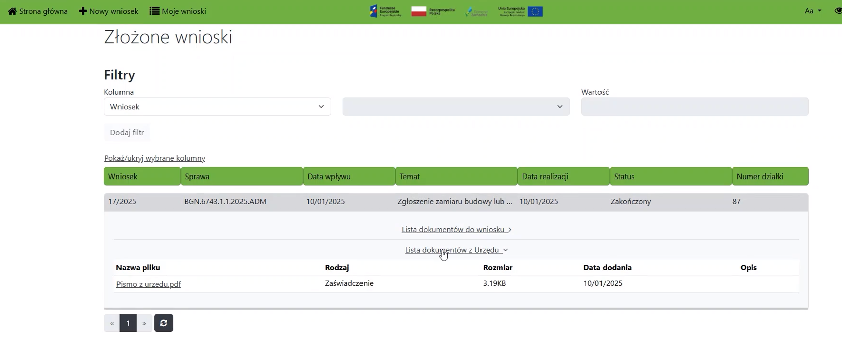 Lista złożonych wniosków