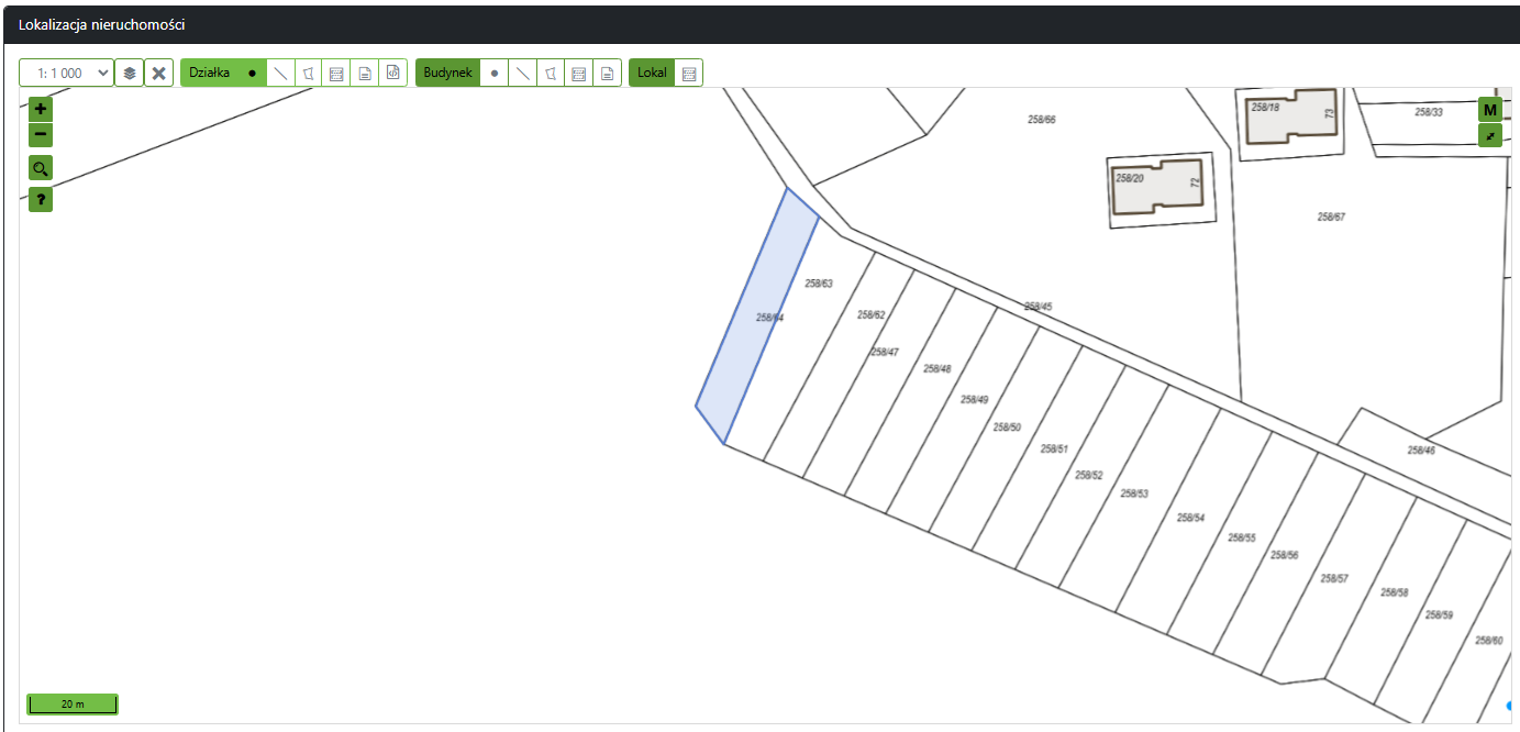 Widok części mapy z zaznaczoną działką
