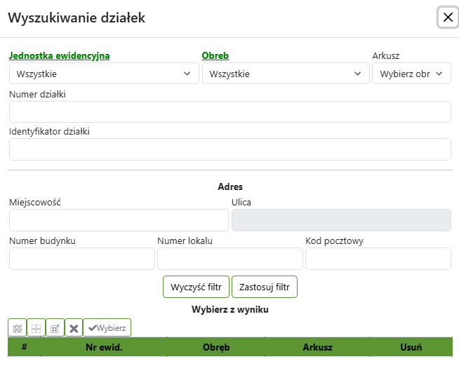 Widok okna wyszukiwania działek