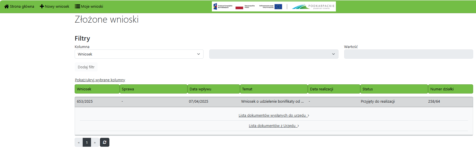 Widok listy ze złożonymi wnioskami
