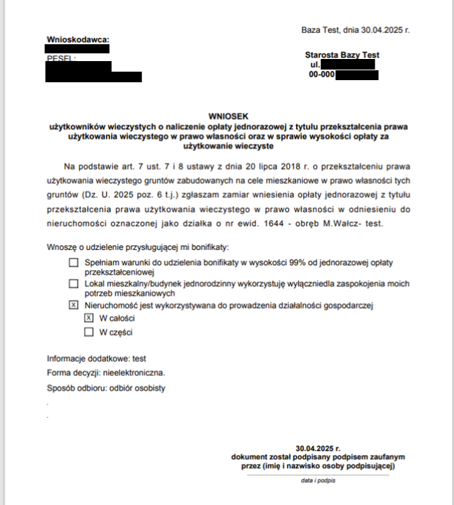 Widok podglądu wniosku