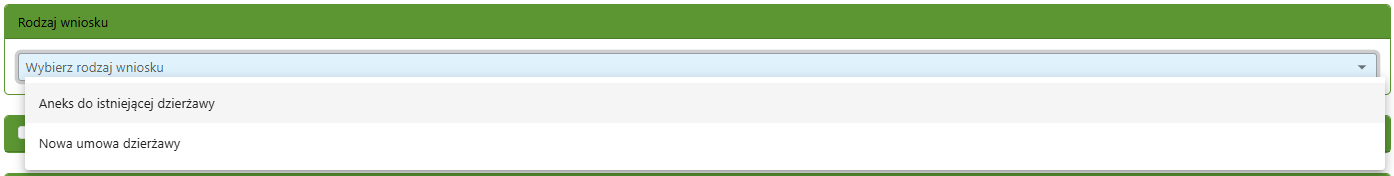 Widok rozwiniętych opcji rodzaju wniosku