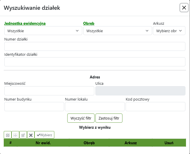Widok okna wyszukiwania działek