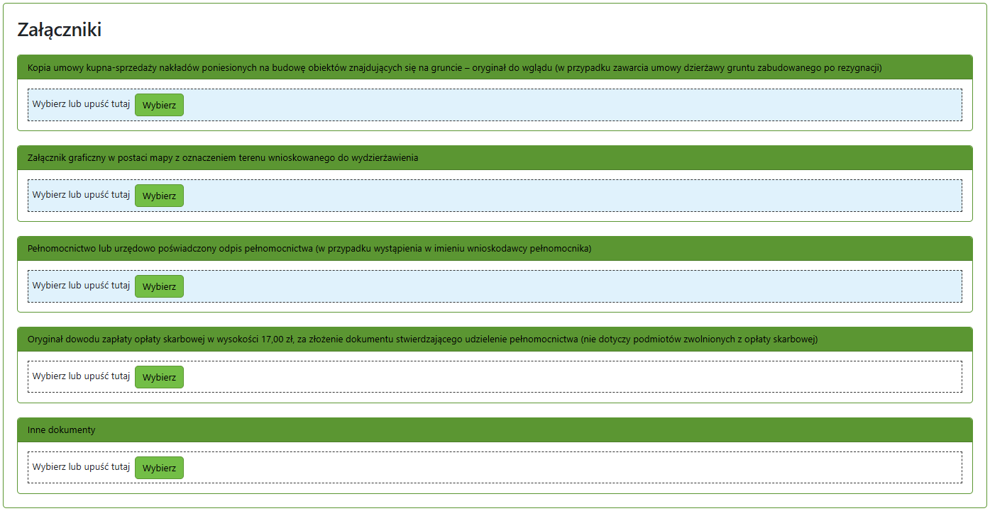 Widok okna do wprowadzenia załączników do wniosku