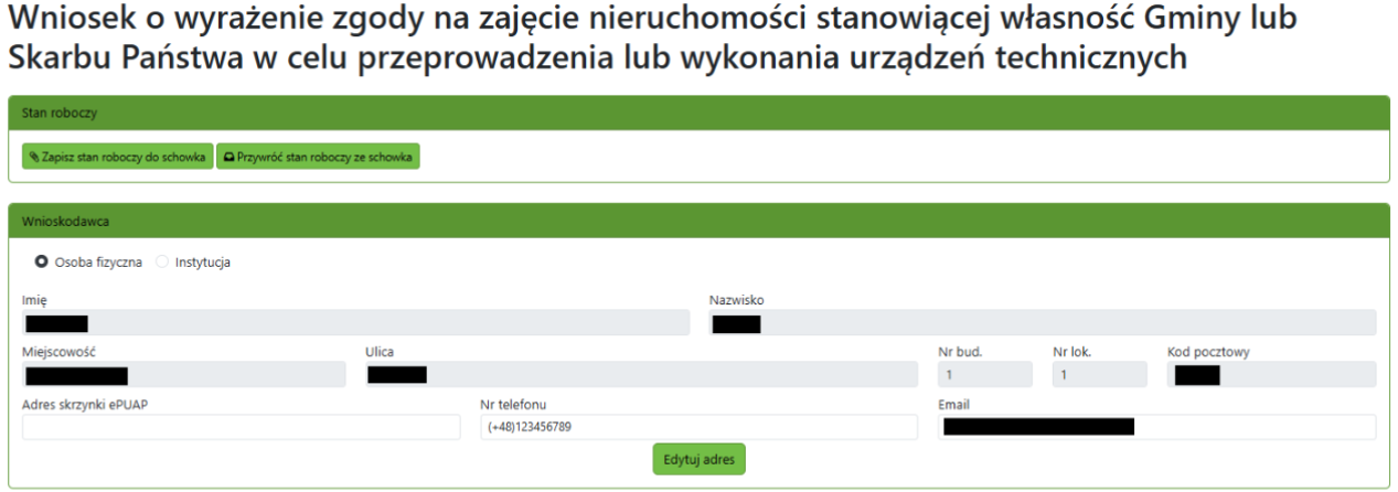Widok pola do wprowadzenia danych wnioskodawcy