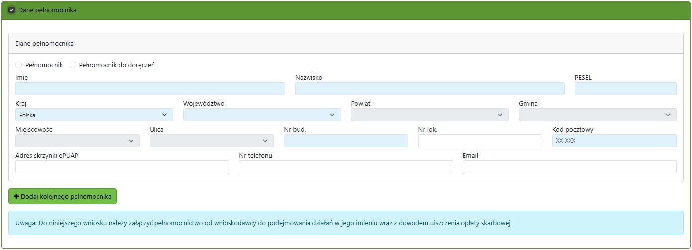 Widok okna z danymi pełnomocnika do uzupełnienia