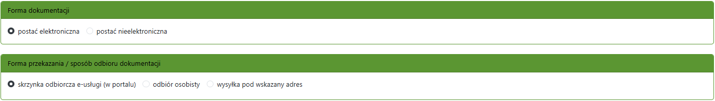 Widok dostępnych opcji formy przekazania/odbioru dokumentacji