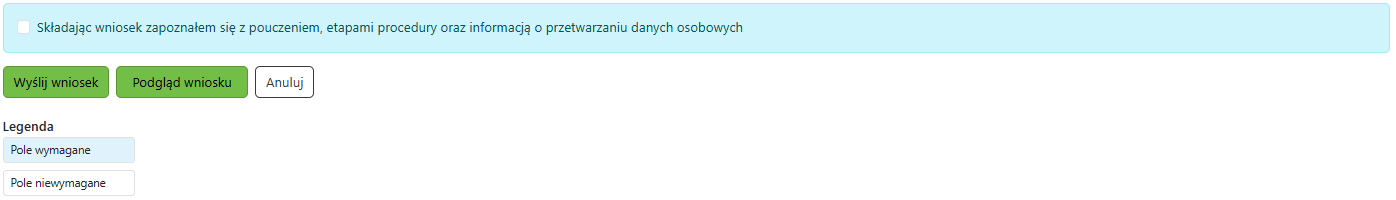 Widok deklaracji i opcji wysłania i podglądu wniosku
