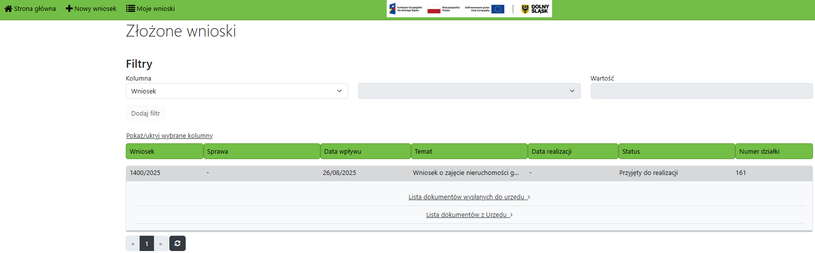 Widok listy z wnioskami Operatora