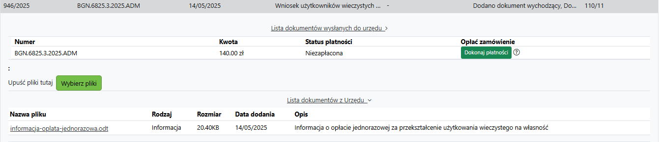 Widok załączonych dokumentów przez Urząd i opcji dokonania płatności online