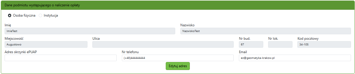 Widok części wniosku o naliczenie opłaty