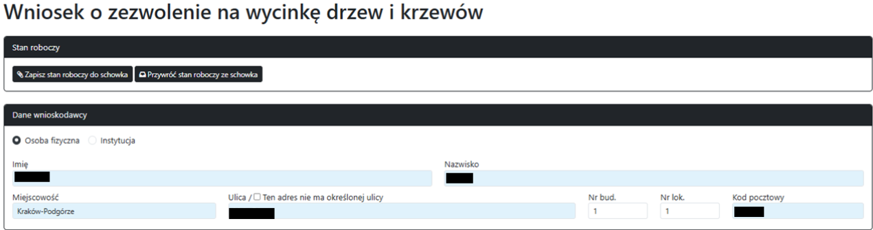 Widok części wniosku