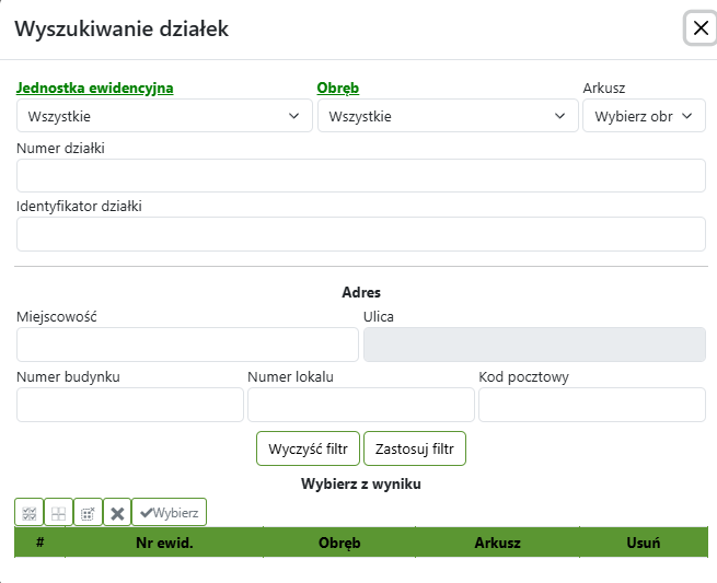 Widok okna wyszukiwania działek
