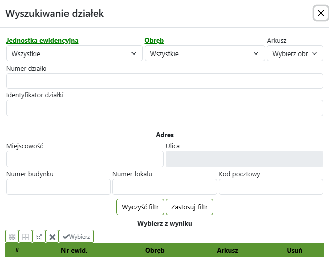 Widok okna wyszukiwania działek