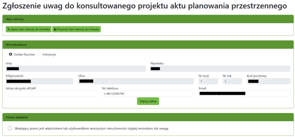 Widok części zgłoszenia z obszarem wnioskodawcy i formy władania
