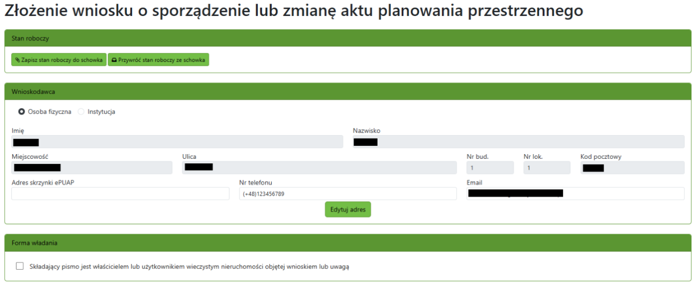 Widok części zgłoszenia z obszarem wnioskodawcy i formy władania