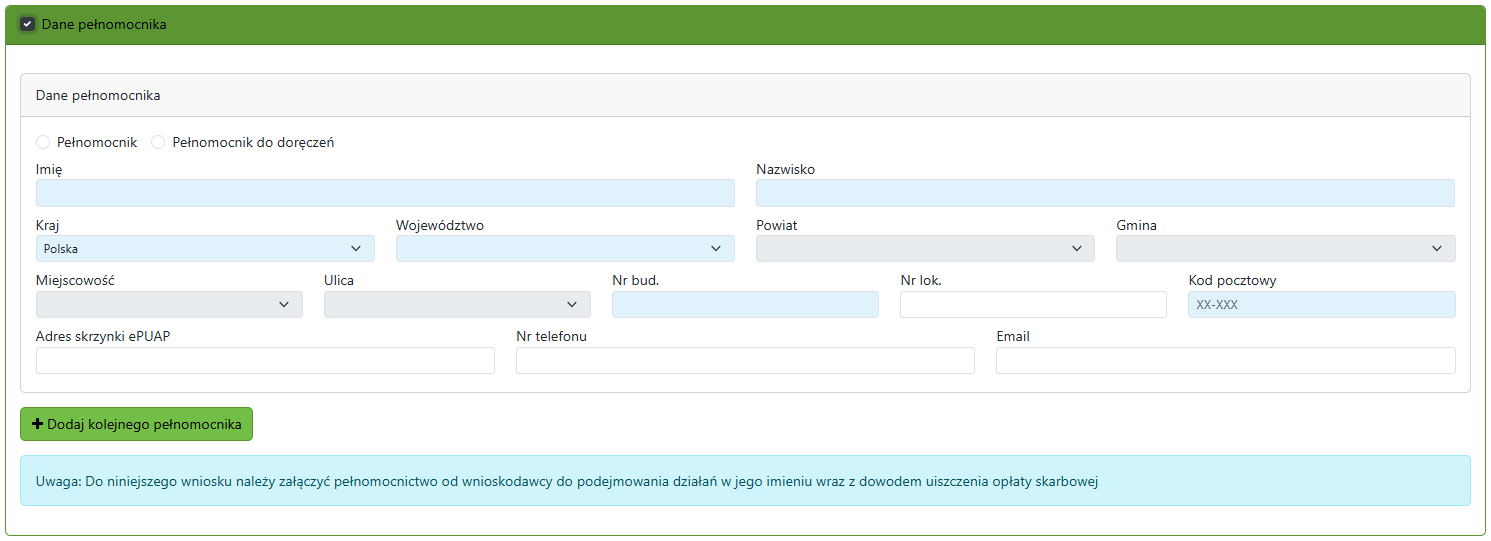 Widok części zgłoszenia z obszarem danych pełnomocnika do wypełnienia
