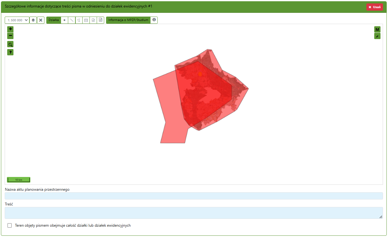 Widok części zgłoszenia z obszarem do wskazania konkretnej działki na mapie