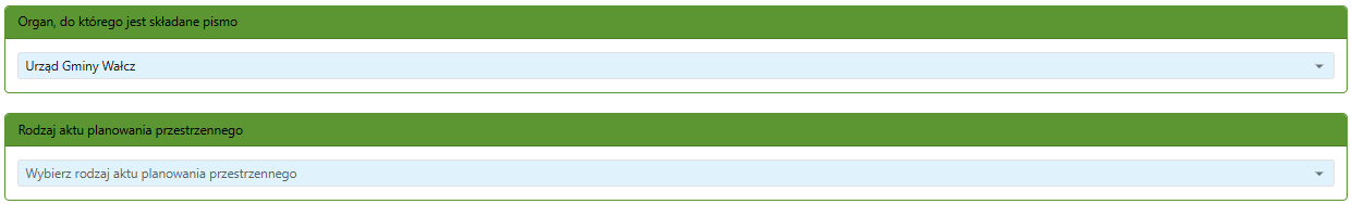 Widok części wniosku z obszarem rodzajami organu i aktu planowania przestrzennego