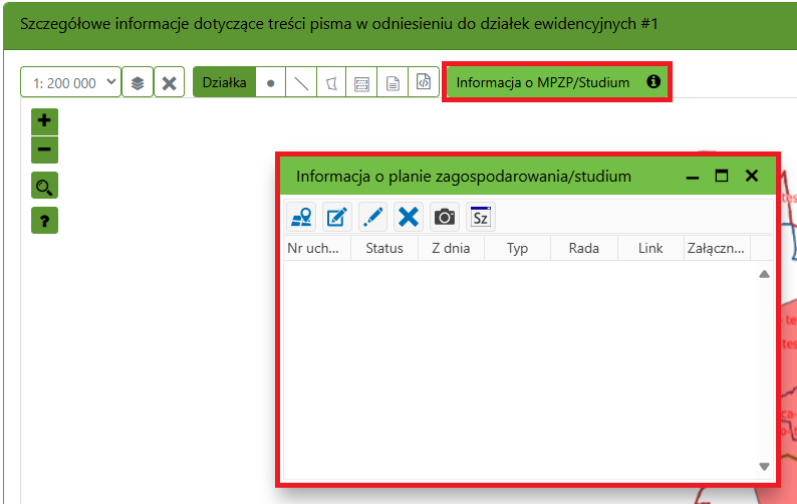 Widok opcji wyświetlenia informacji o MPZP i Studium