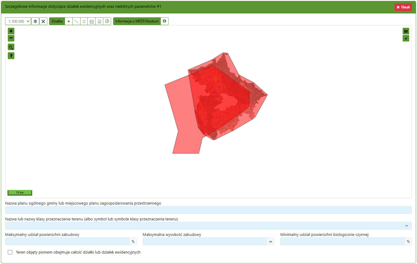 Widok okna szczegółowych informacji dotyczących działek ewidencyjnych oraz niektórych parametrów