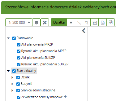 Widok opcji prezentacji treści planów na mapie