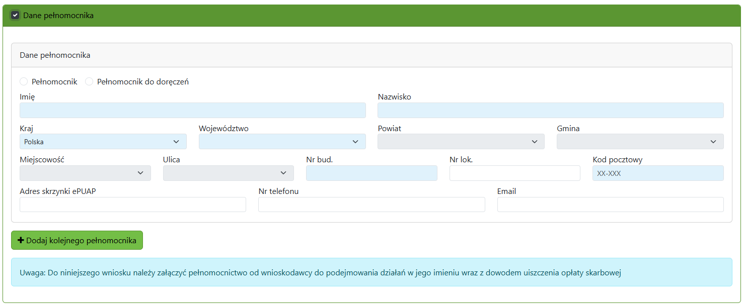Widok części zgłoszenia z obszarem danych pełnomocnika