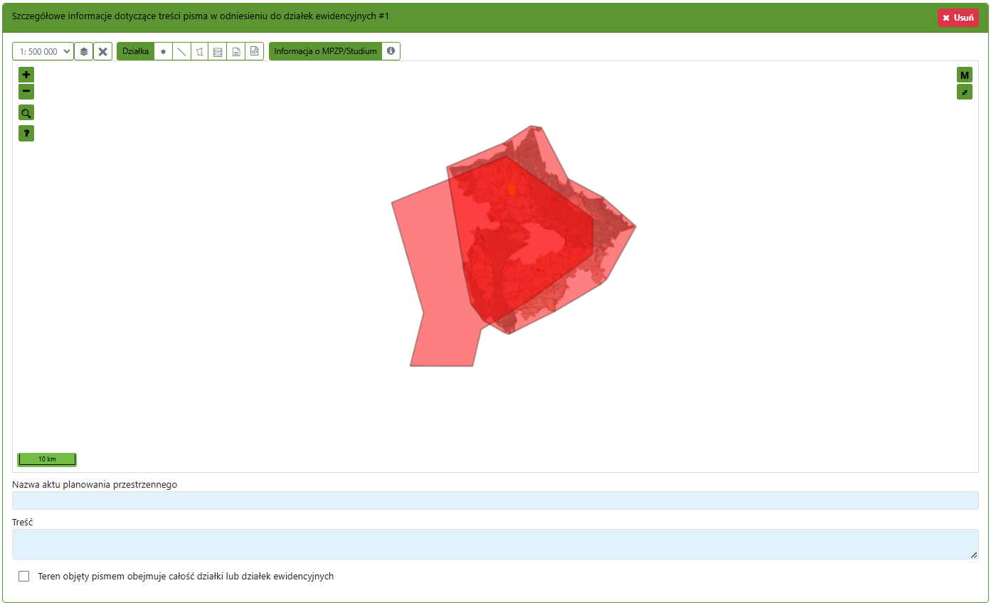 Widok części zgłoszenia z obszarem do wskazania konkretnej działki na mapie