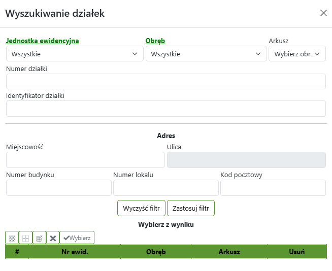 Widok okna do wyszukiwania po atrybutach