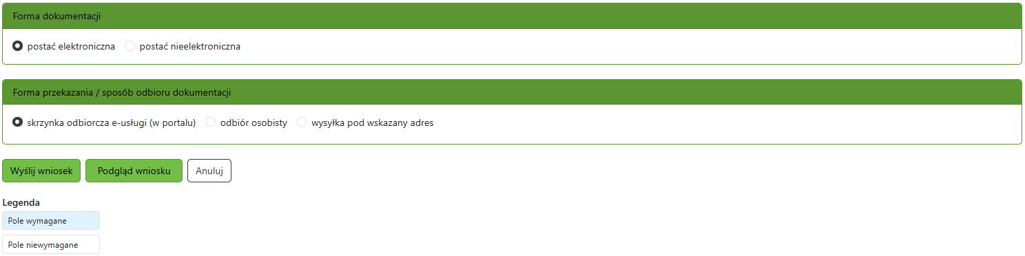 Widok części zgłoszenia z oświadczeniami dotyczącymi formy dokumentacji