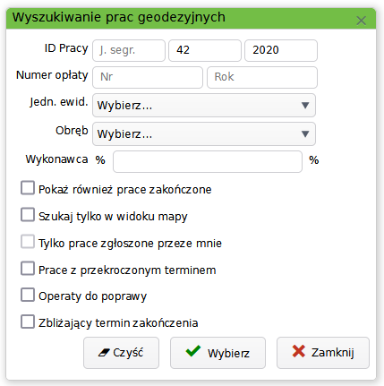 Okno wyszukiwania prac geodezyjnych