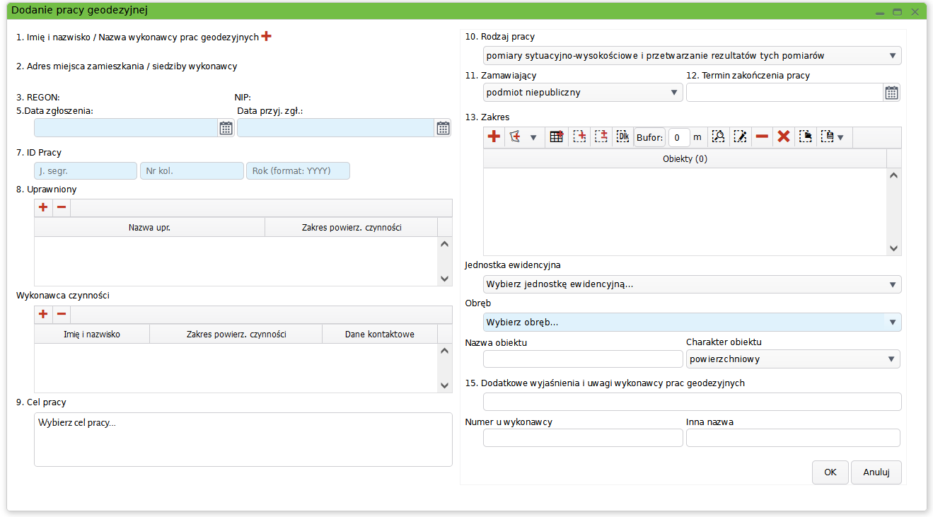 Widok okna dodawania nowej pracy geodezyjnej