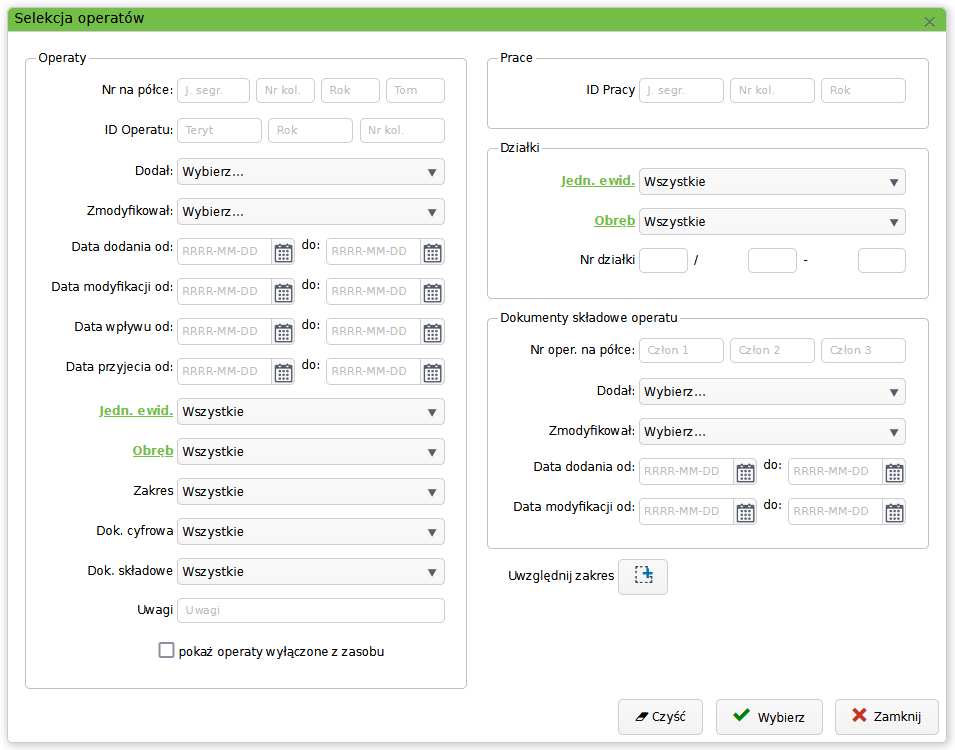 Okno selekcji operatów