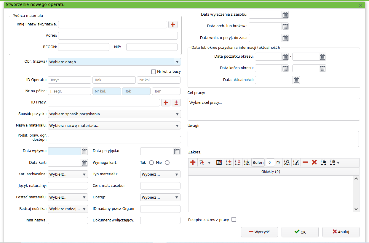 Widok okna stworzenia nowego operatu