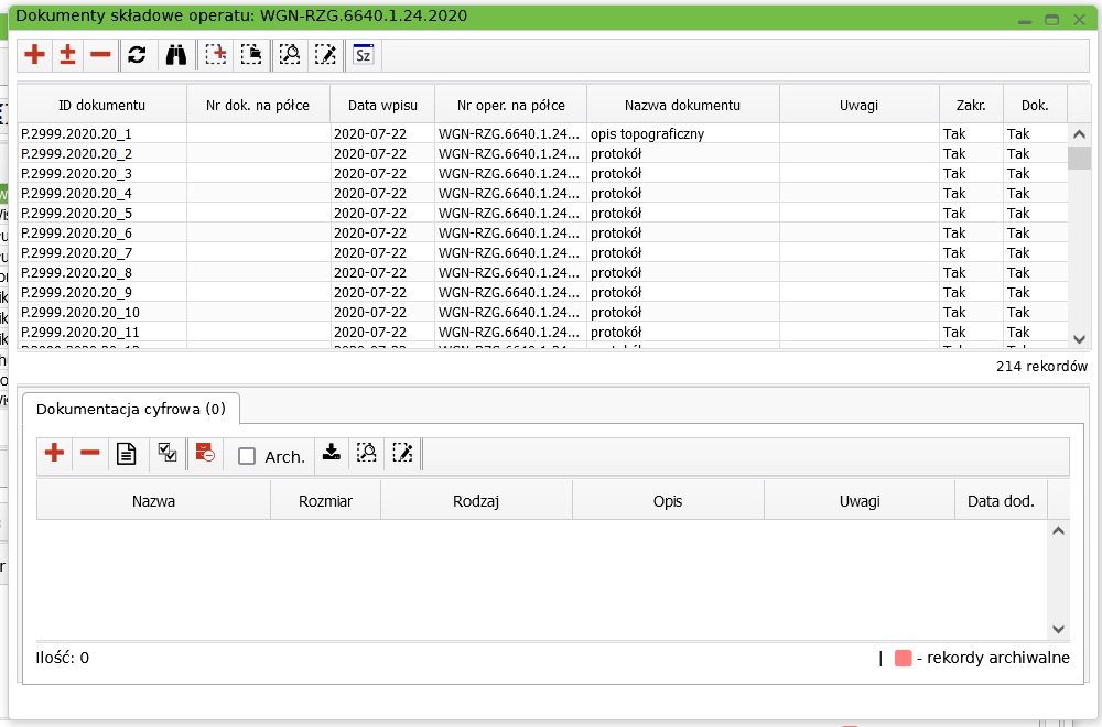 Widok okna dokumentów składowych operatu