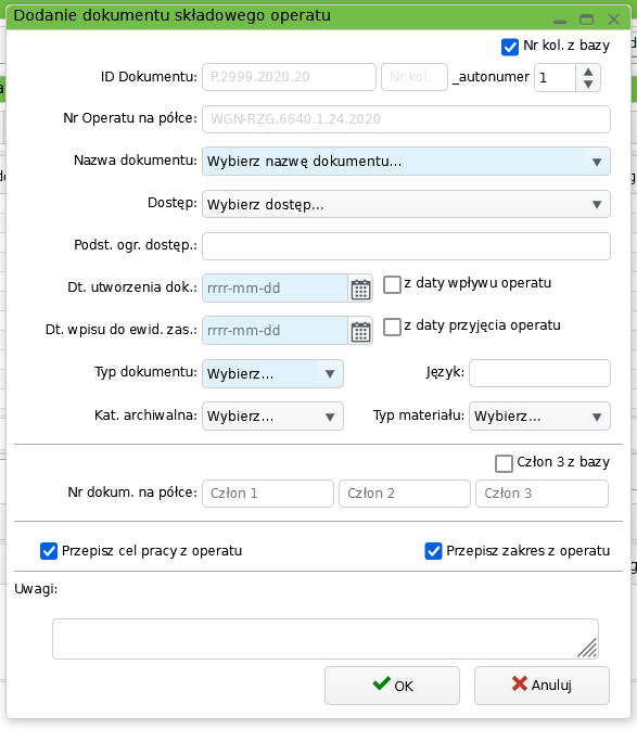 Widok okna dodania dokumentu składowego operatu