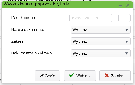 Widok okna wyszukiwania dokumentu składowego poprzez kryteria