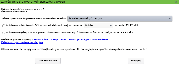 Widok okna zamówienia dla wybranych transakcji i wycen