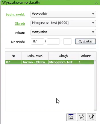 Widok okna wyszukiwania działek